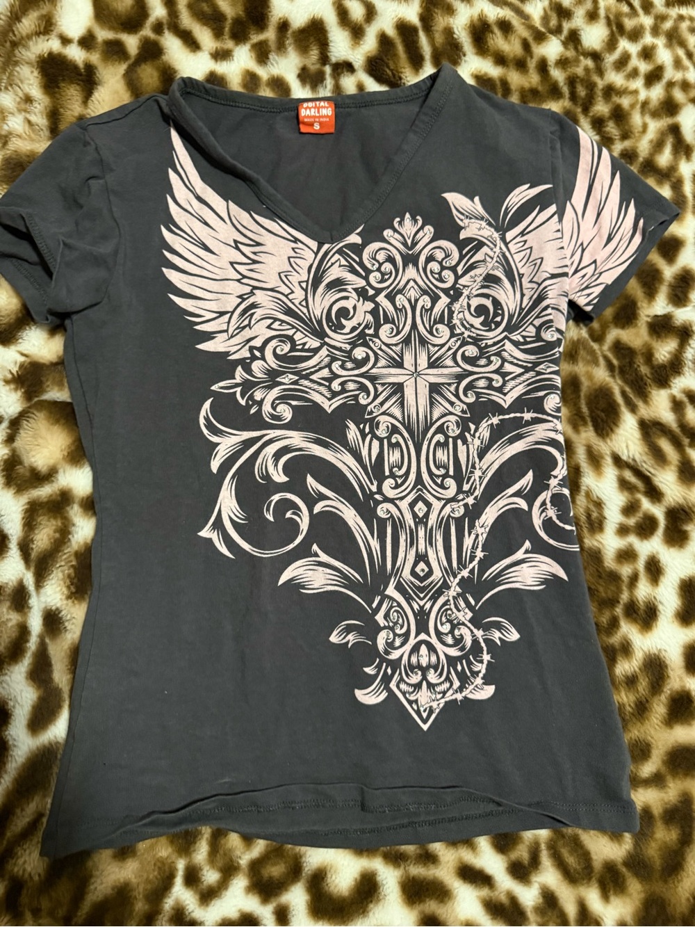 Digital Darling Women's Black V-Neck Graphic Tee with Pale Pink Wing Design